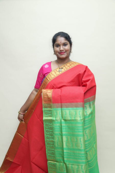 Semi Silk Cotton Kattam in Red And Parrot Green With Traditional Border