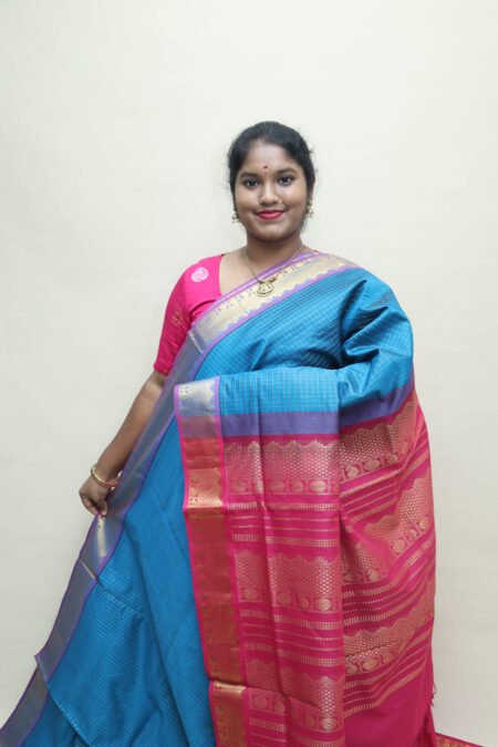 Semi Silk Cotton Kattam in Peacock Blue And Pink With Traditional Border