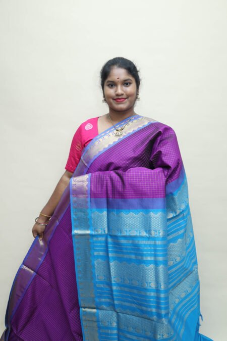 Semi Silk Cotton Kattam in Magenta And CS Blue With Traditional Border