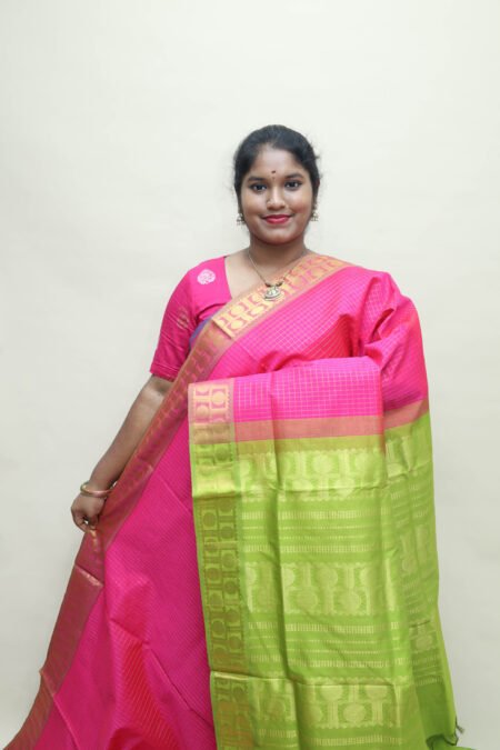 Semi Silk Cotton Kattam in Pink And Olive Green With Traditional Border