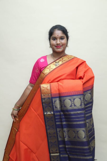 Semi Silk Cotton Vairaoosi in Rust Orange And Navy Blue With Traditional Border