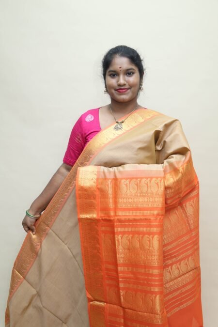 Semi Silk Cotton Vairaoosi in Beige And Orange With Traditional Border