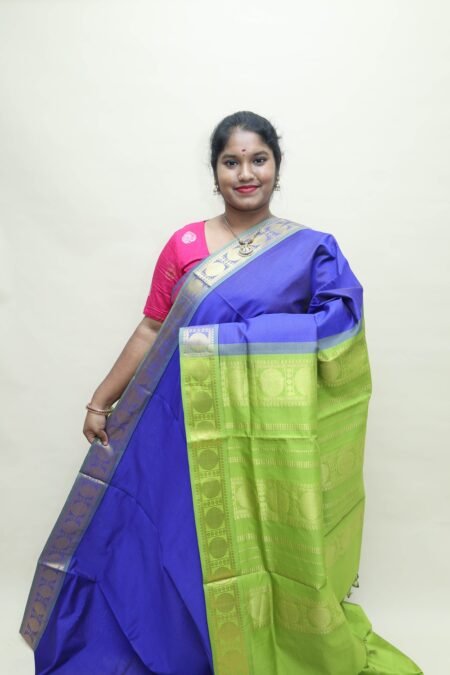 Semi Silk Cotton Vairaoosi in MS Blue And Olive Green With Traditional Border